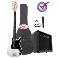 Electric Bass Guitar Pack with 20 Watts Amplifier, Gig Bag, Strap, and Cable, White   